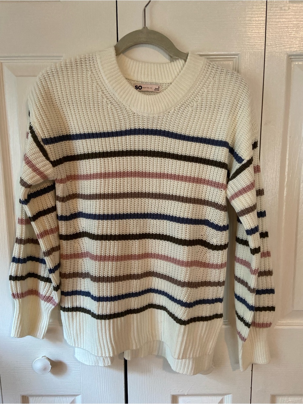 SO Cream Crewneck Sweater with Navy, Pink, Brown, and Gray Stripes
